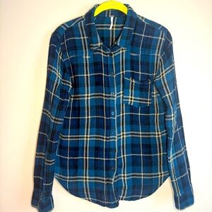 FREE PEOPLE Women's Blue Plaid Long Sleeve Button Down Top SZ/MED